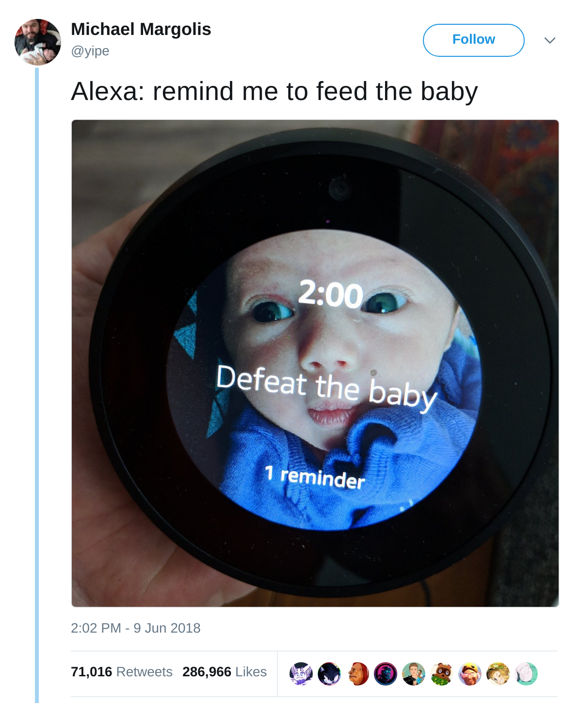 @yipe on Twitter: "Alexa: remind me to feed the baby" (response: "Defeat the baby")