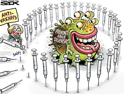 cartoon of anti-vaxxer releasing a monster